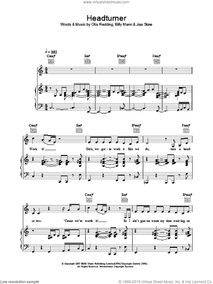 Headturner sheet music for voice, piano or guitar by Joss Stone, Billy Mann and Otis Redding, intermediate skill level