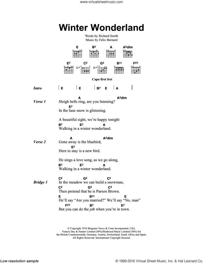 Winter Wonderland sheet music for guitar (chords) by Johnny Mathis, Felix Bernard and Richard Smith, intermediate skill level