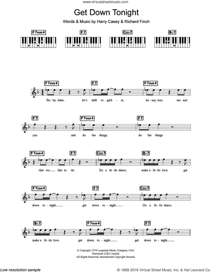 Get Down Tonight sheet music for piano solo (chords, lyrics, melody) by Harry Wayne Casey, KC & The Sunshine Band and Richard Finch, intermediate piano (chords, lyrics, melody)