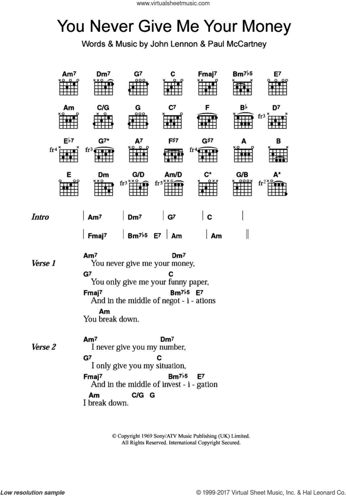 You Never Give Me Your Money sheet music for guitar (chords) by The Beatles, John Lennon and Paul McCartney, intermediate skill level