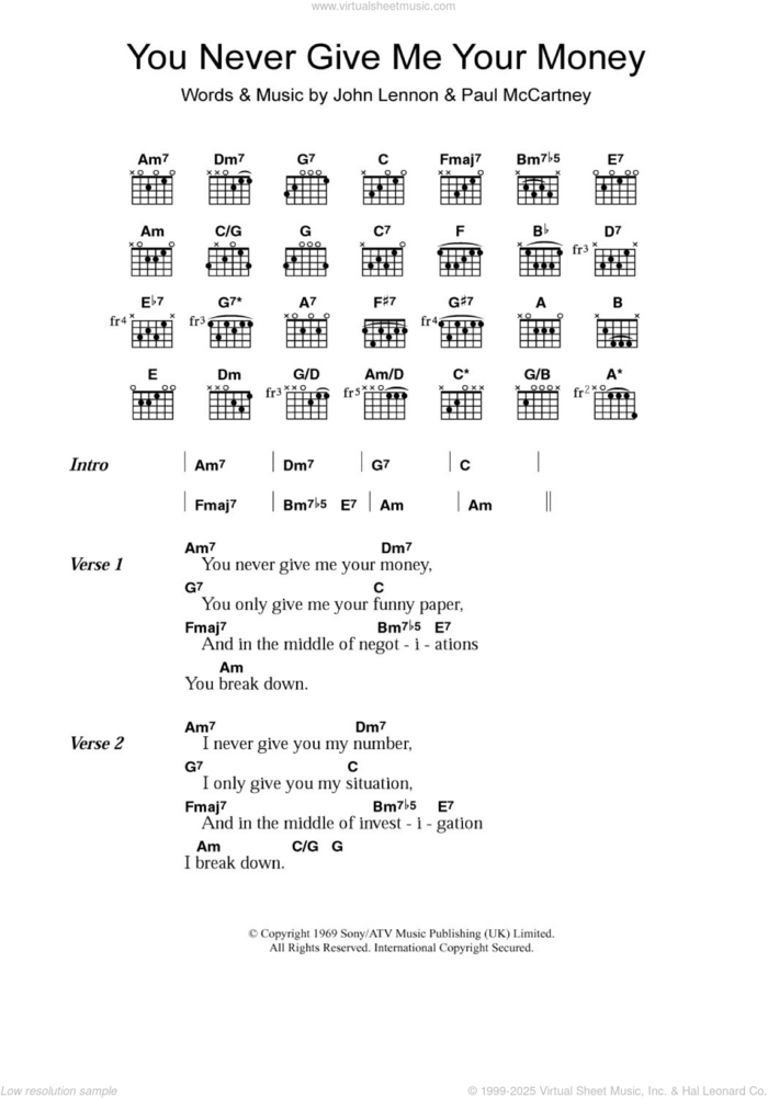 You Never Give Me Your Money sheet music for guitar (chords) by The Beatles, John Lennon and Paul McCartney, intermediate skill level