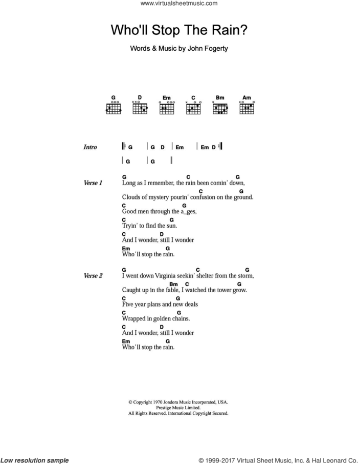 Who'll Stop The Rain sheet music for guitar (chords) by Creedence Clearwater Revival and John Fogerty, intermediate skill level