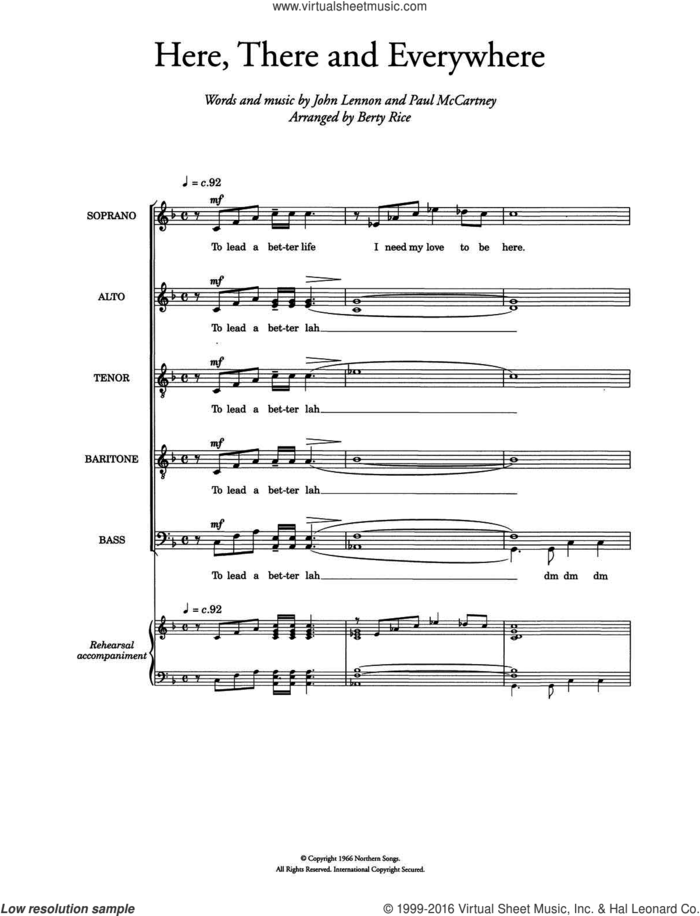 Here, There And Everywhere (arr. Berty Rice) sheet music for voice, piano or guitar by The Beatles, Berty Rice, John Lennon and Paul McCartney, wedding score, intermediate skill level