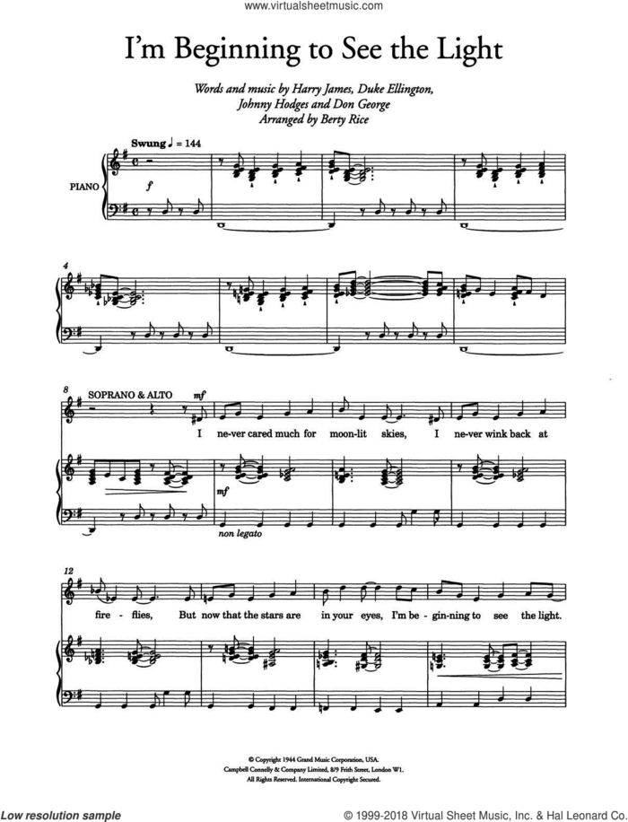 I'm Beginning To See The Light (arr. Berty Rice) sheet music for choir by Ella Fitzgerald, Berty Rice, Don George, Duke Ellington, Harry James and Johnny Hodges, intermediate skill level