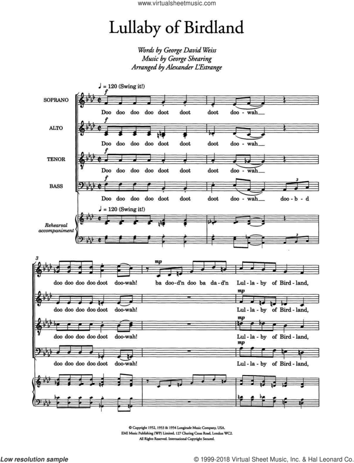 Lullaby Of Birdland (arr. Alexander L'Estrange) sheet music for choir by Ella Fitzgerald, George David Weiss and George Shearing, intermediate skill level