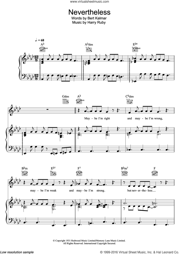 Nevertheless sheet music for voice, piano or guitar by Bob Dylan, Bert Kalmar and Harry Ruby, intermediate skill level