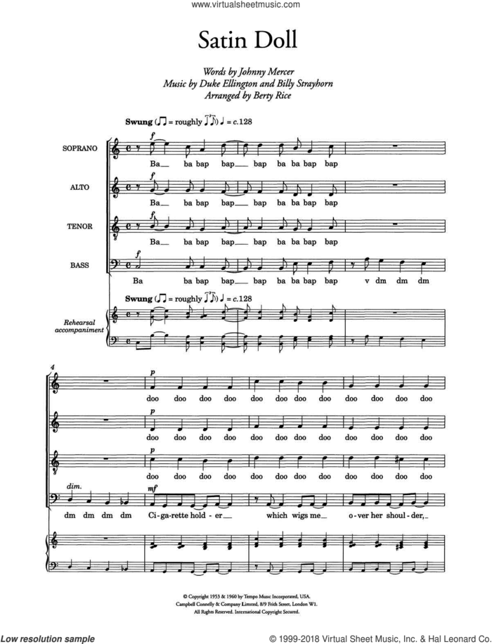 Satin Doll (arr. Berty Rice) sheet music for choir by Duke Ellington, Berty Rice, Billy Strayhorn and Johnny Mercer, intermediate skill level