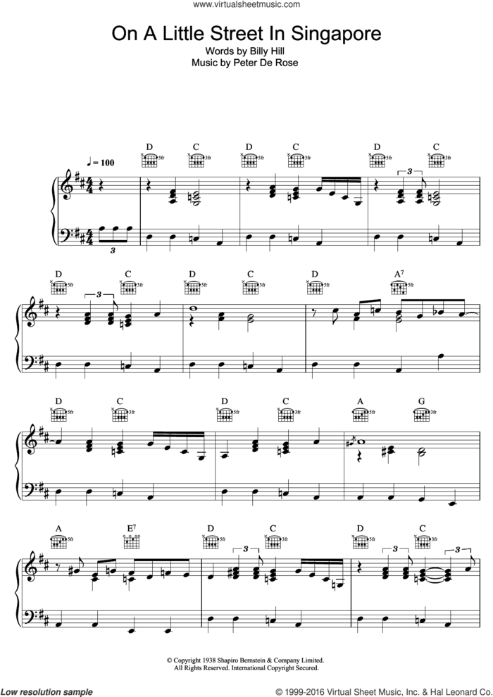 On A Little Street In Singapore sheet music for voice, piano or guitar by Bob Dylan, Billy Hill and Peter DeRose, intermediate skill level