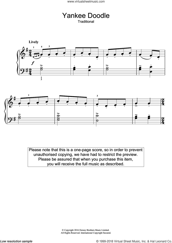 Yankee Doodle sheet music for piano solo by Traditional Nursery Rhyme and Miscellaneous, easy skill level