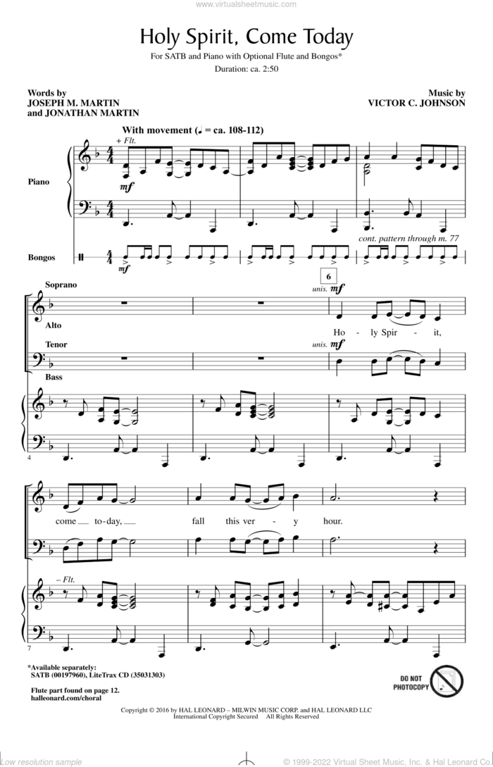 Holy Spirit, Come Today sheet music for choir (SATB: soprano, alto, tenor, bass) by Victor Johnson and Joseph M. Martin, intermediate skill level