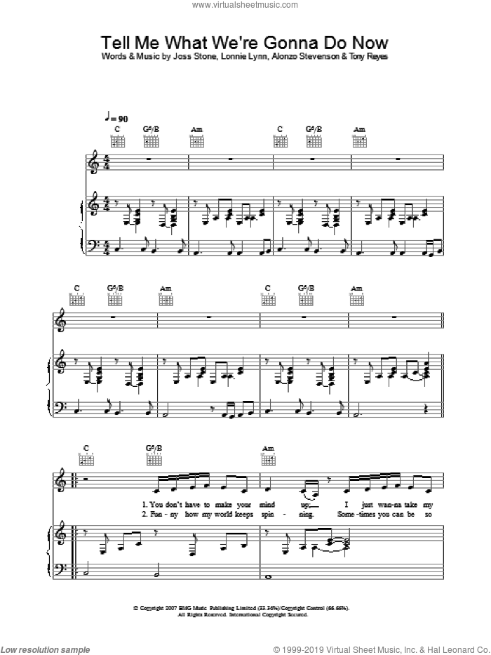 Tell Me What We're Gonna Do Now sheet music for voice, piano or guitar by Joss Stone, Alonzo Stevenson, Lonnie Lynn and Tony Reyes, intermediate skill level