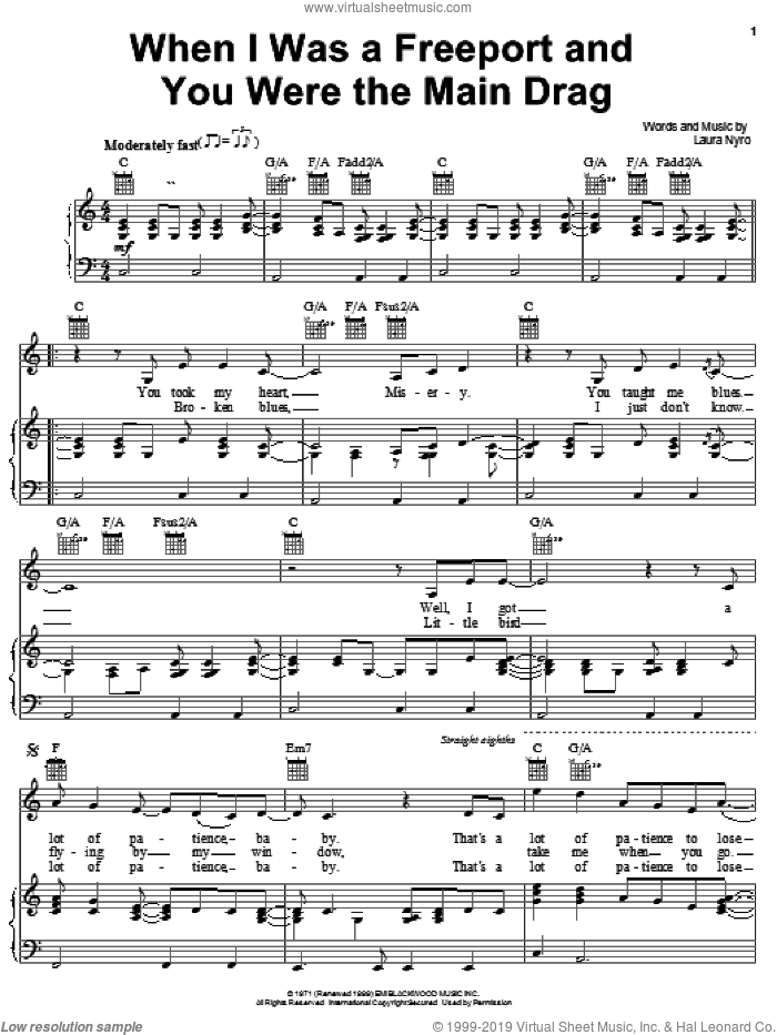 When I Was A Freeport And You Were The Main Drag sheet music for voice, piano or guitar by Laura Nyro, intermediate skill level