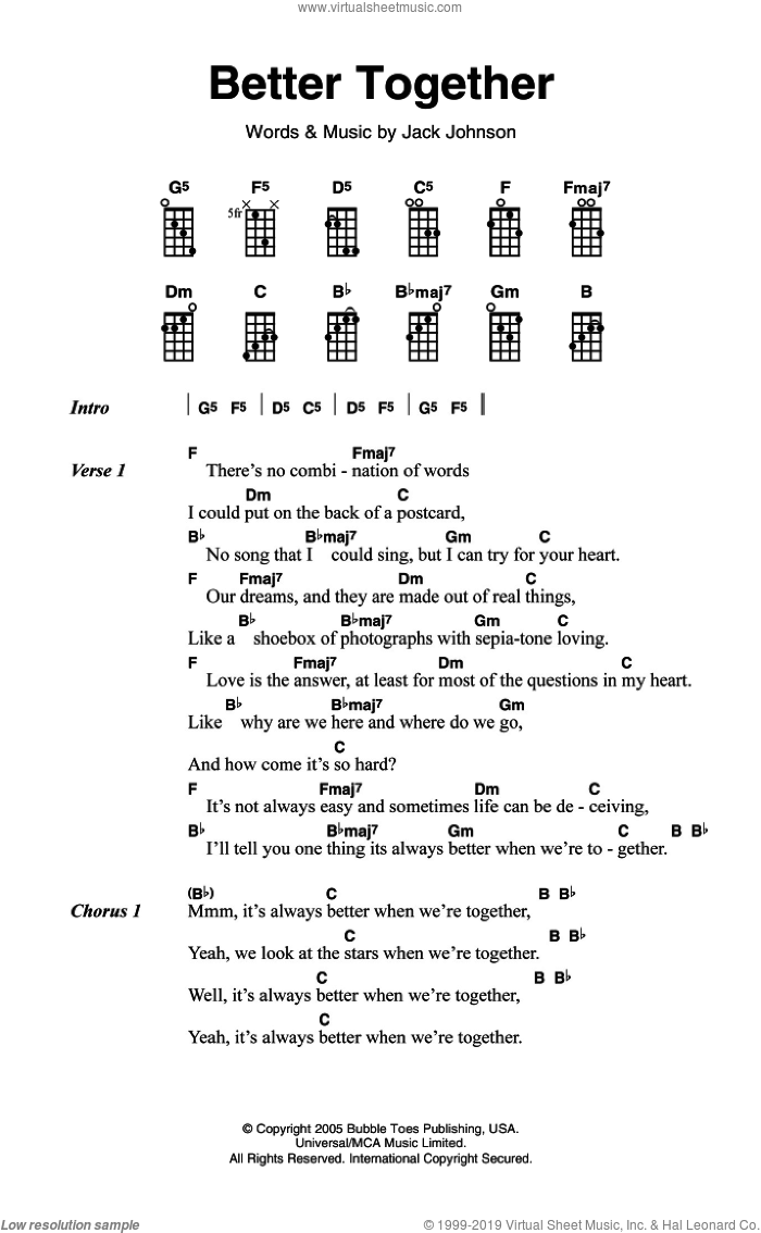 Better Together sheet music for voice, piano or guitar by Jack Johnson, intermediate skill level