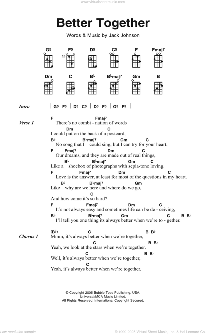 Better Together sheet music for voice, piano or guitar by Jack Johnson, intermediate skill level