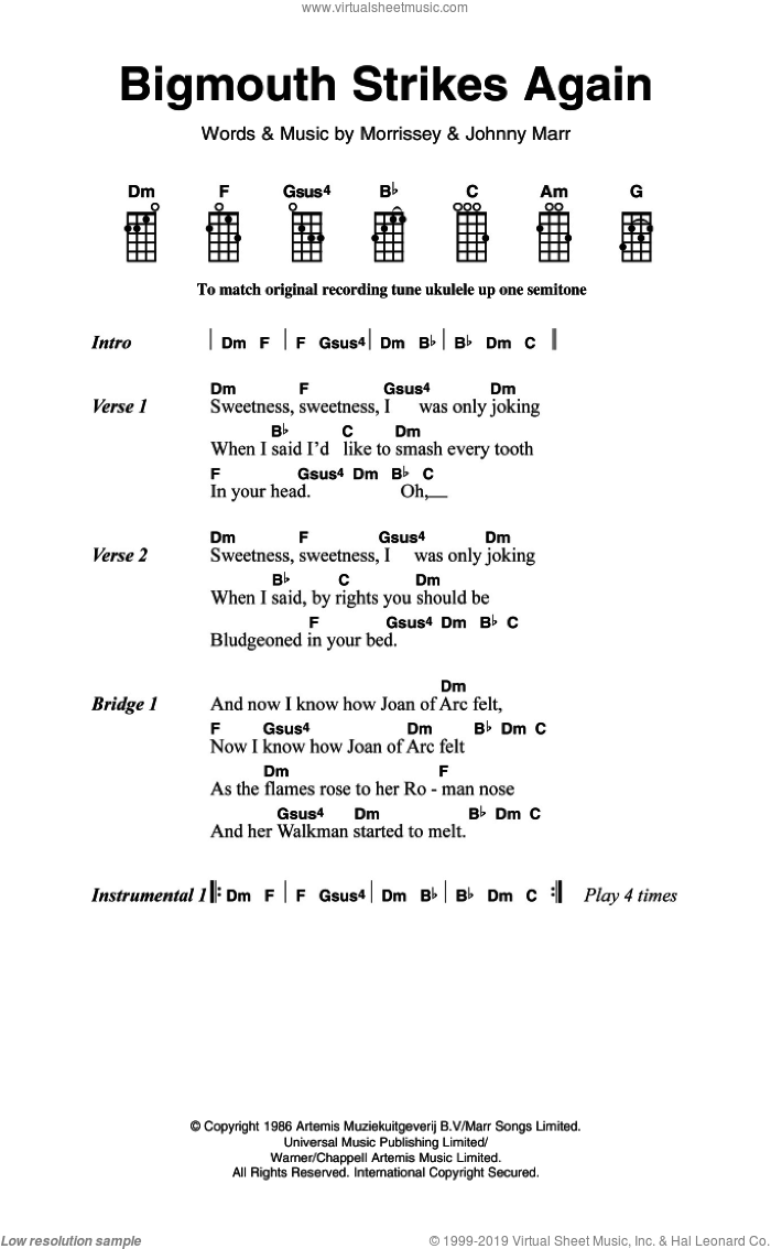 Bigmouth Strikes Again sheet music for voice, piano or guitar by The Smiths, Johnny Marr and Steven Morrissey, intermediate skill level