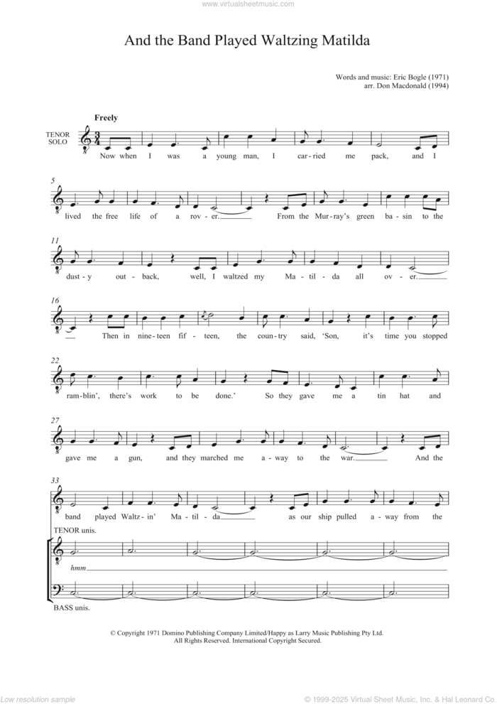 And The Band Played Waltzing Matilda sheet music for voice, piano or guitar by Eric Bogle and Don MacDonald, intermediate skill level