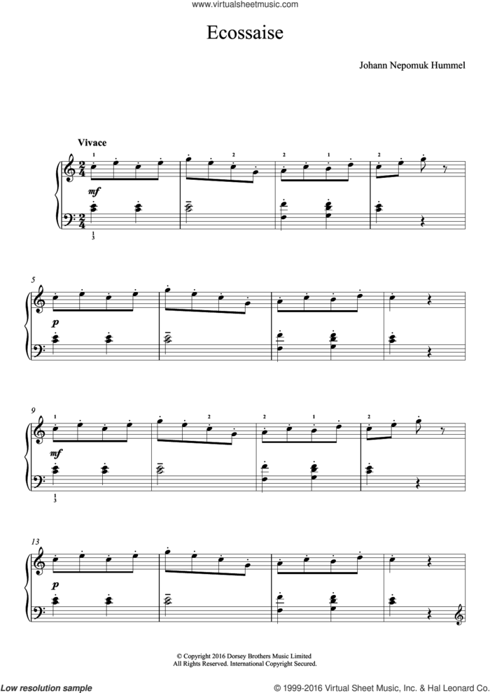 Ecossaise sheet music for piano solo by Johann Nepomuk Hummel and Johann Hummell, classical score, easy skill level