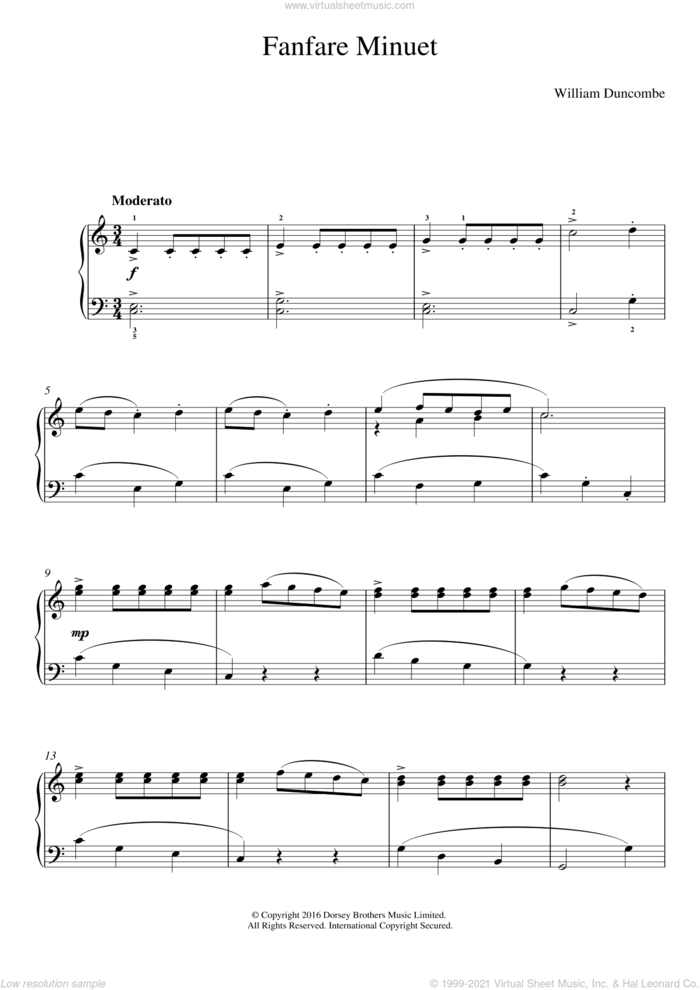 Fanfare Minuet sheet music for piano solo by William Duncombe, classical score, easy skill level