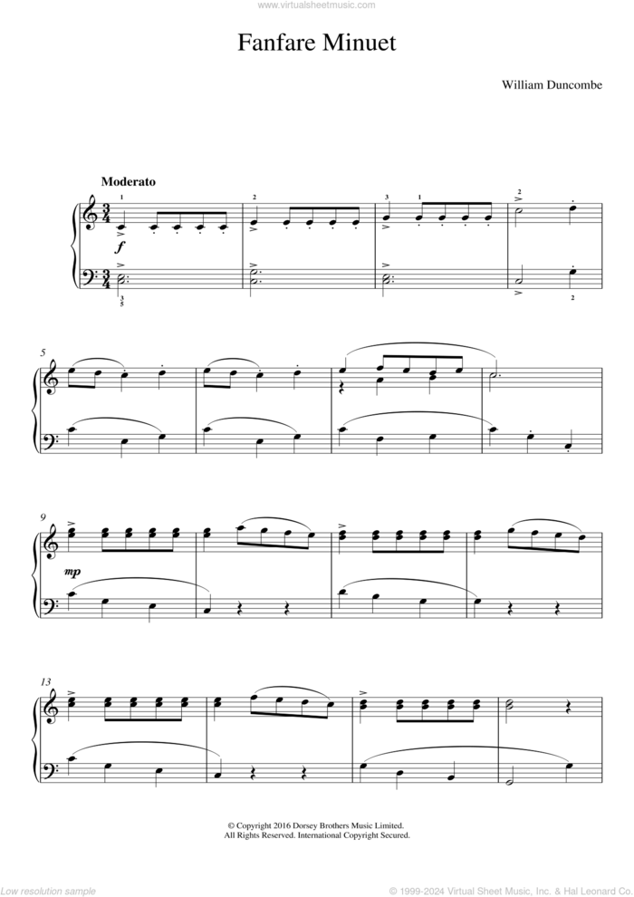 Fanfare Minuet sheet music for piano solo by William Duncombe, classical score, easy skill level