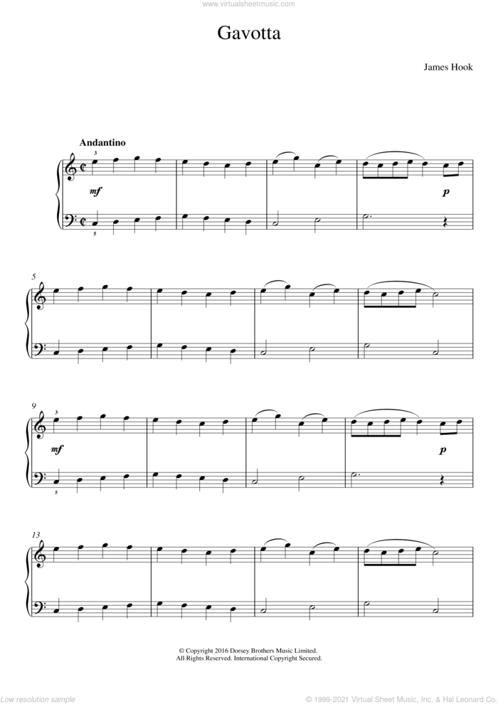 Gavotta sheet music for piano solo by James Hook, classical score, easy skill level