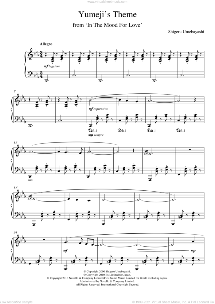 Yumeji's Theme (from 'In The Mood For Love') sheet music for piano solo by Shigeru Umebayashi, intermediate skill level