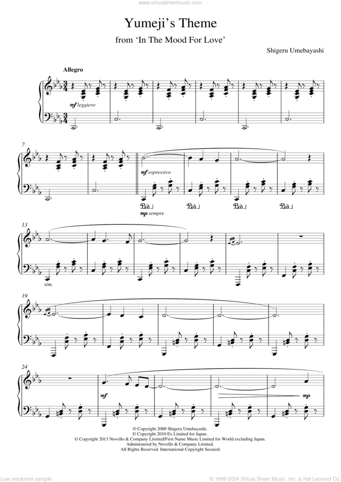 Yumeji's Theme (from 'In The Mood For Love') sheet music for piano solo by Shigeru Umebayashi, intermediate skill level