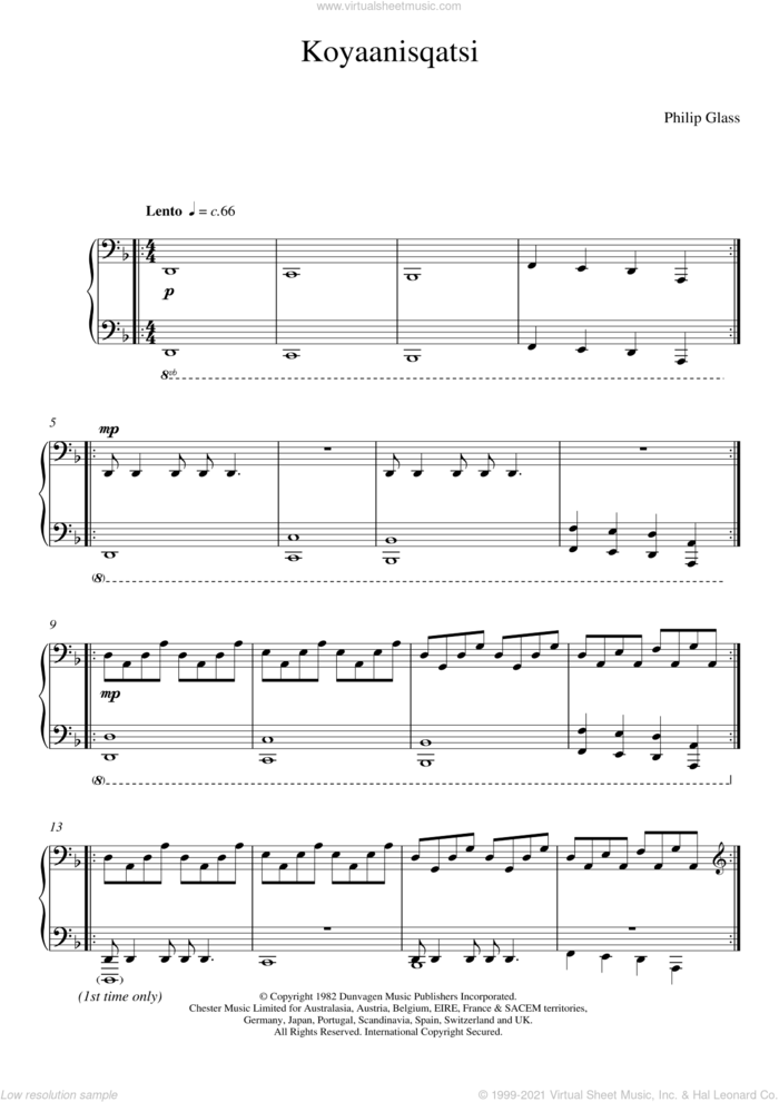 Koyaanisqatsi sheet music for piano solo by Philip Glass, classical score, intermediate skill level