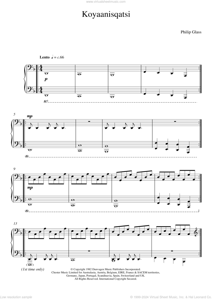 Koyaanisqatsi sheet music for piano solo by Philip Glass, classical score, intermediate skill level