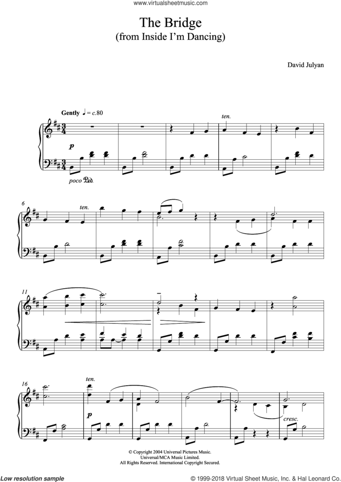 The Bridge (from Inside I'm Dancing) sheet music for piano solo by David Julyan, intermediate skill level
