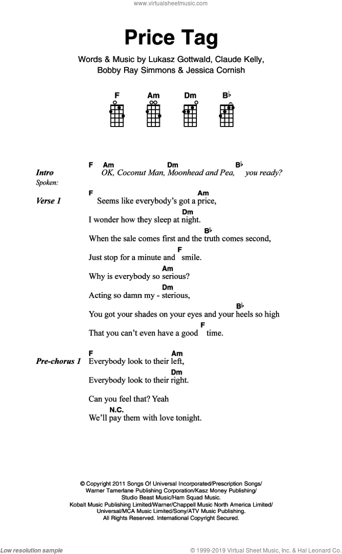 Price Tag sheet music for voice, piano or guitar by Jessie J, Bobby Ray Simmons, Claude Kelly, Jessica Cornish and Lukasz Gottwald, intermediate skill level