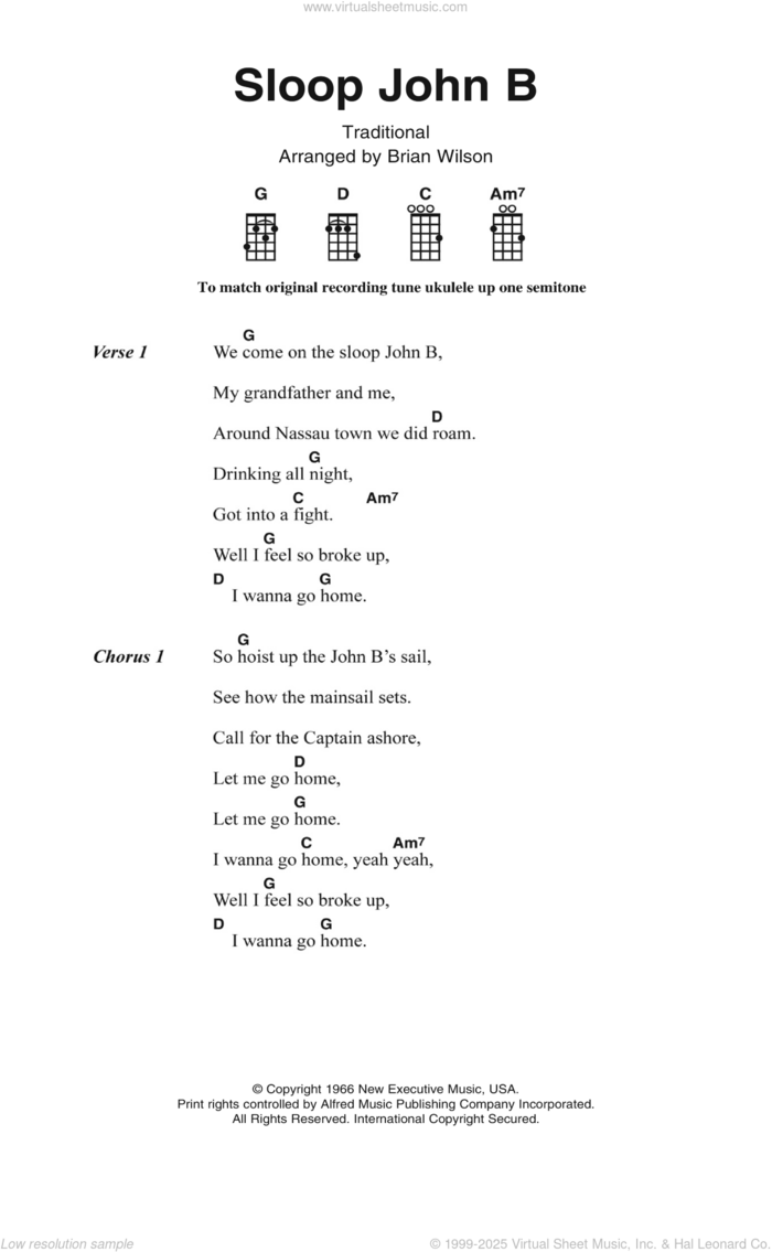 Sloop John B sheet music for ukulele (chords) by The Beach Boys, Brian Wilson and Miscellaneous, intermediate skill level