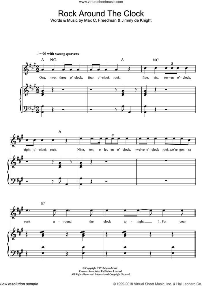 Rock Around The Clock sheet music for voice, piano or guitar by Bill Haley & His Comets, Jimmy De Knight and Max C. Freedman, intermediate skill level