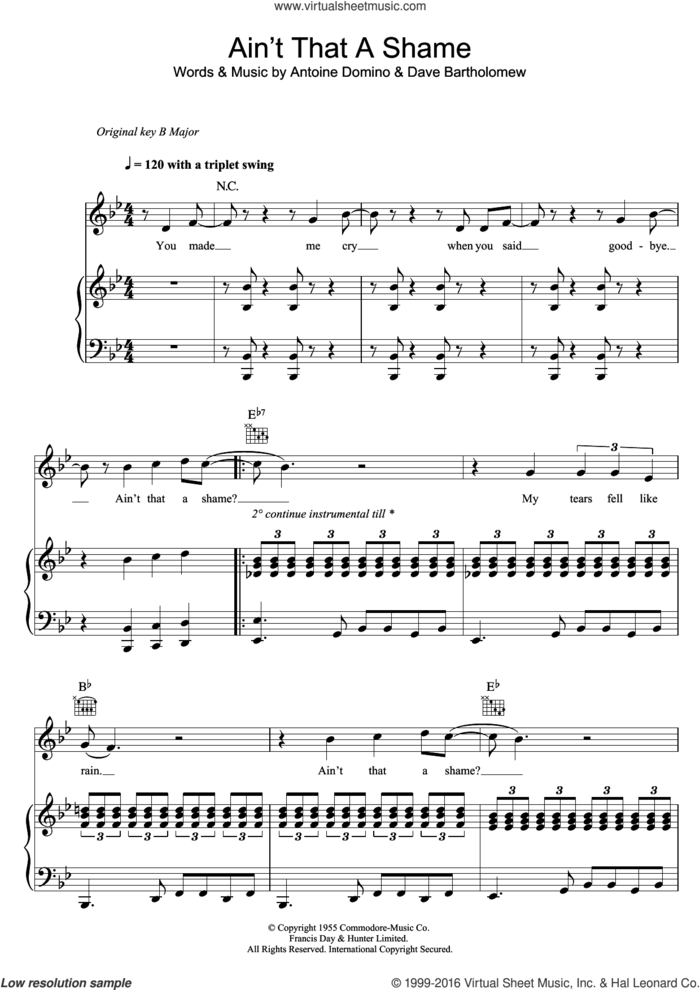 Ain't That A Shame sheet music for voice, piano or guitar by Fats Domino and Dave Bartholomew, intermediate skill level