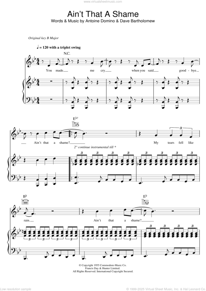 Ain't That A Shame sheet music for voice, piano or guitar by Fats Domino and Dave Bartholomew, intermediate skill level