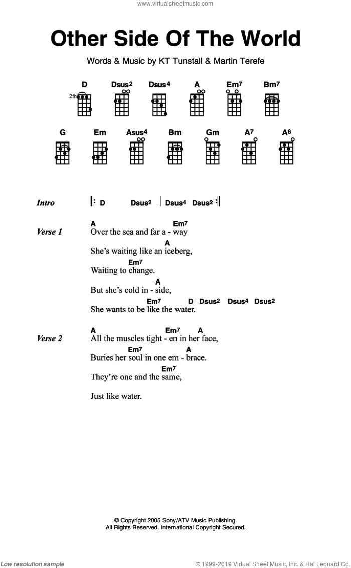 Other Side Of The World sheet music for voice, piano or guitar by KT Tunstall and Martin Terefe, intermediate skill level