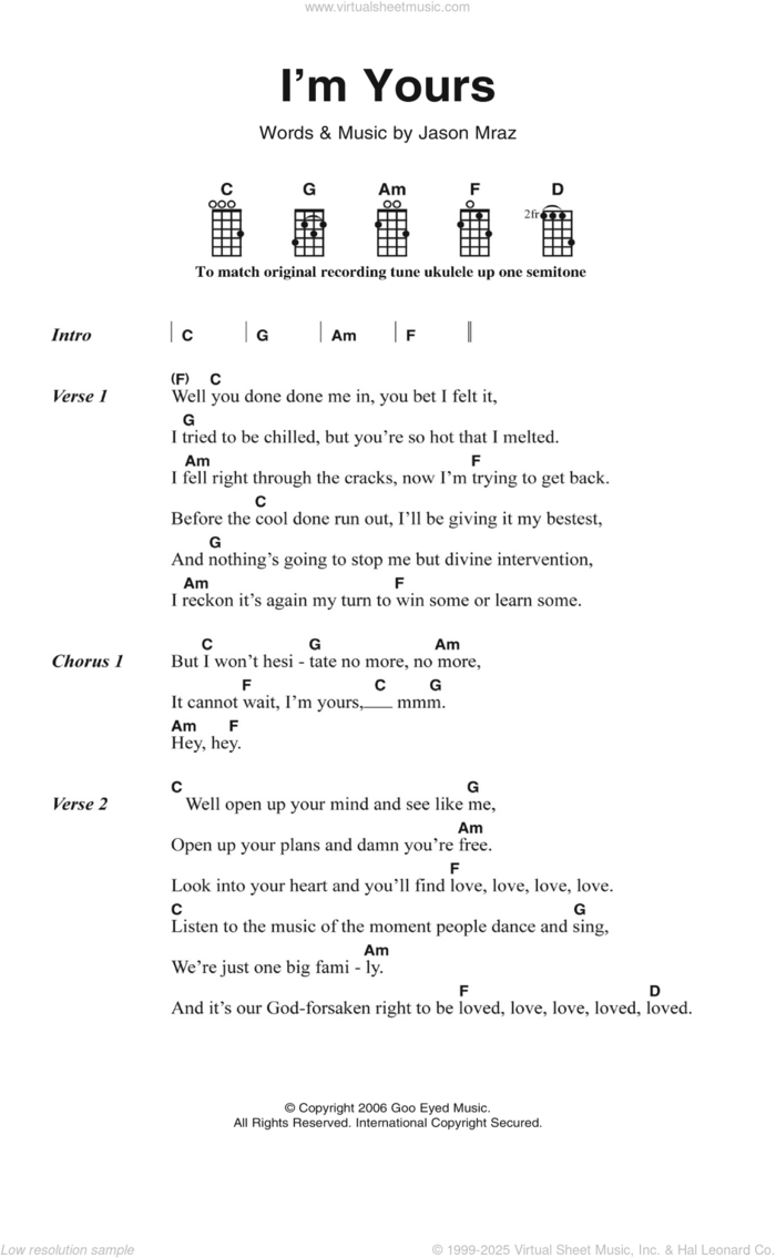 I'm Yours sheet music for voice, piano or guitar by Jason Mraz, wedding score, intermediate skill level