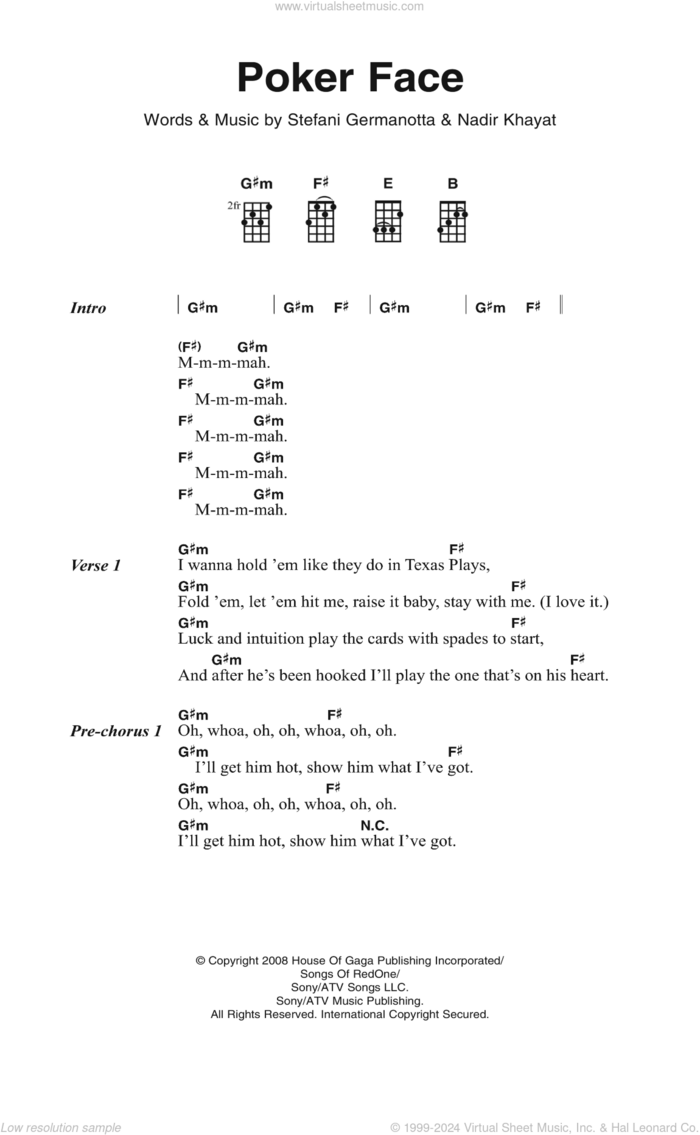 Poker Face sheet music for voice, piano or guitar by Lady Gaga and Nadir Khayat, intermediate skill level