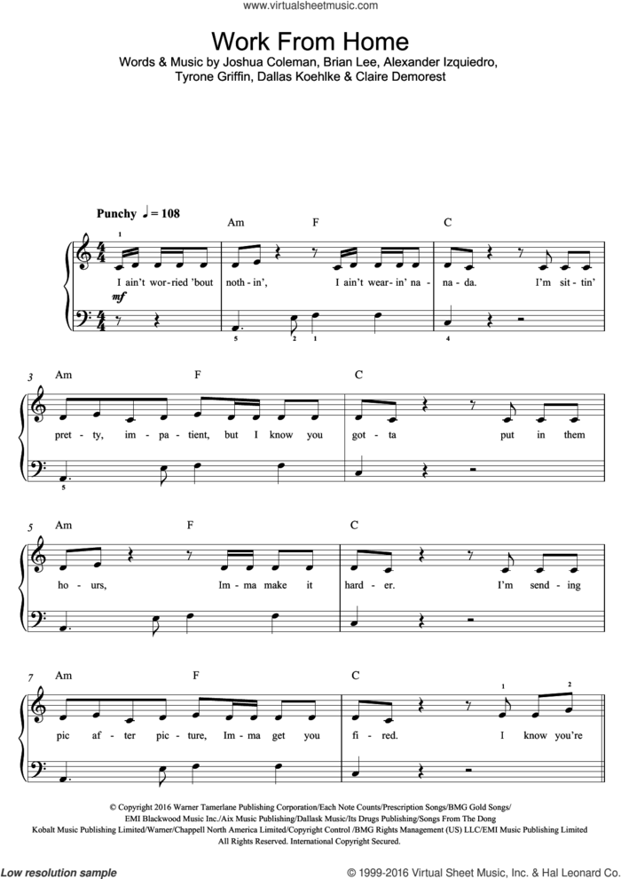 Work From Home (featuring Ty Dolla $ign) sheet music for voice, piano or guitar by Fifth Harmony, Ty Dolla $ign, Alexander Izquiedro, Brian Lee, Claire Demorest, Dallas Koehlke, Joshua Coleman and Tyrone Griffin, intermediate skill level