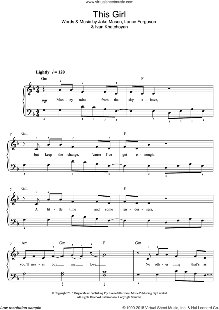 This Girl sheet music for voice, piano or guitar by Kungs, Ivan Khatchoyan, Jake Mason and Lance Ferguson, intermediate skill level
