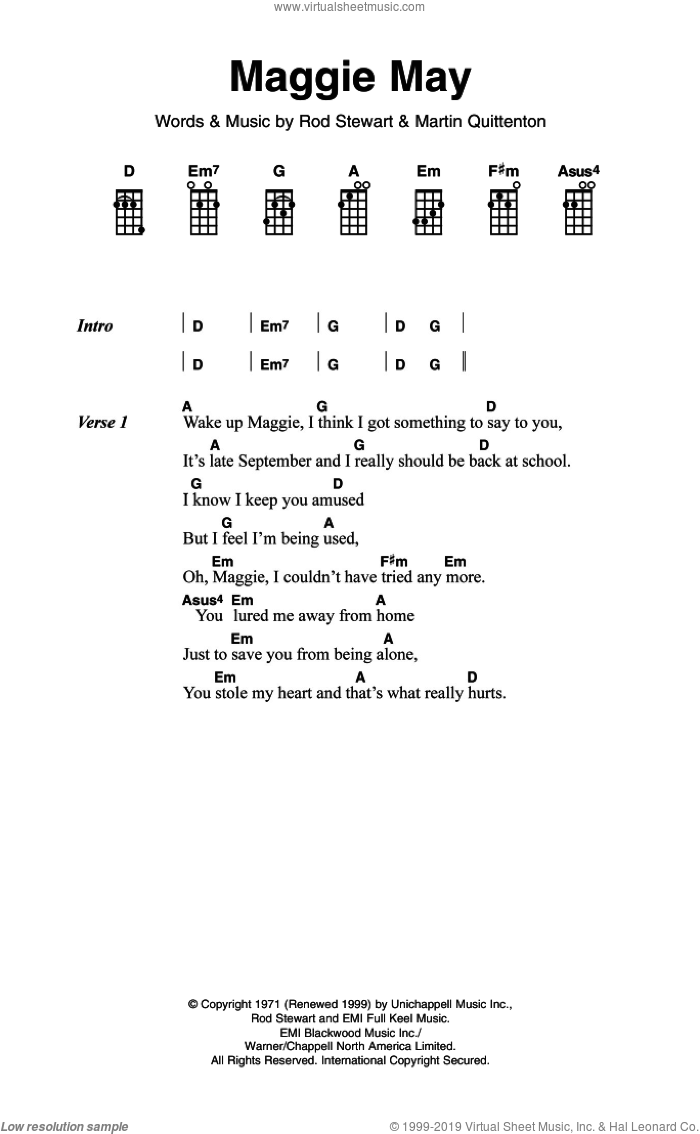 Maggie May sheet music for voice, piano or guitar by Rod Stewart and Martin Quittenton, intermediate skill level