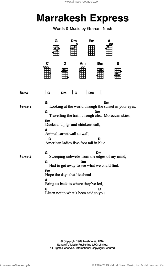 Marrakesh Express sheet music for ukulele (chords) by Crosby, Stills & Nash and Graham Nash, intermediate skill level