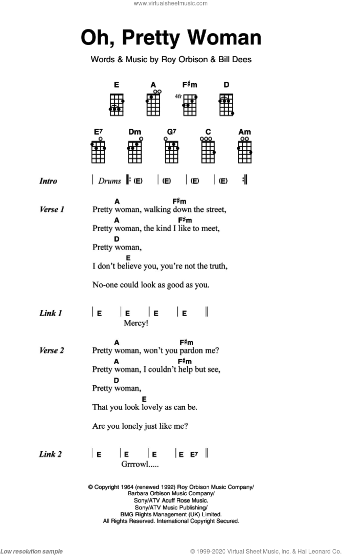 Oh, Pretty Woman sheet music for ukulele (chords) by Roy Orbison and Bill Dees, intermediate skill level