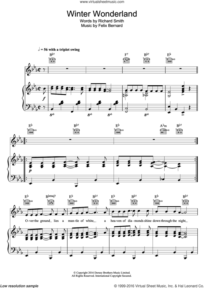 Winter Wonderland sheet music for voice, piano or guitar by Felix Bernard and Richard Smith, intermediate skill level