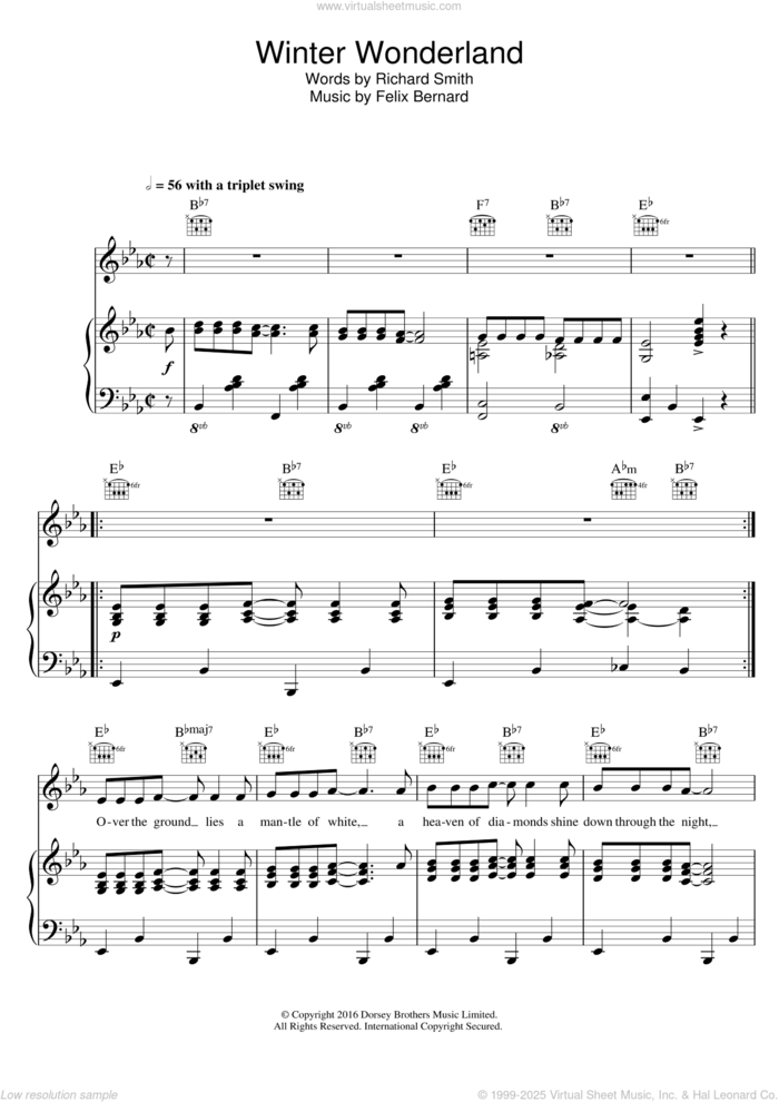 Winter Wonderland sheet music for voice, piano or guitar by Felix Bernard and Richard Smith, intermediate skill level