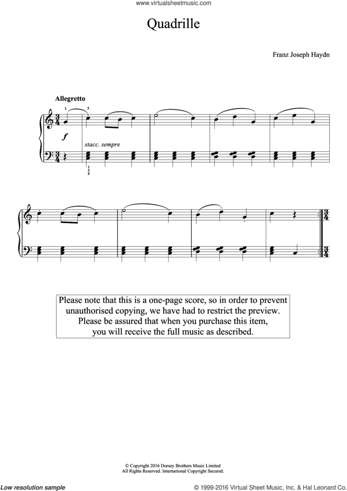 Quadrille sheet music for piano solo by Franz Joseph Haydn, classical score, easy skill level
