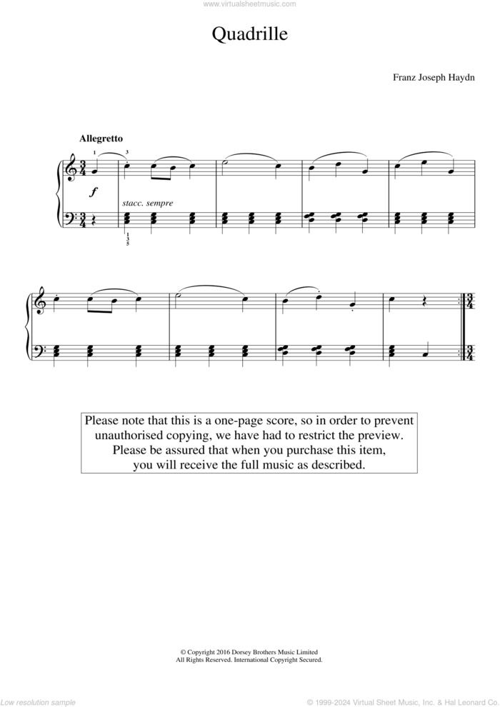 Quadrille sheet music for piano solo by Franz Joseph Haydn, classical score, easy skill level