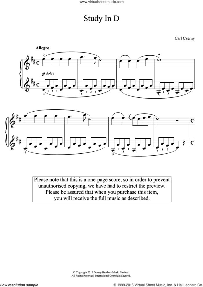 Study In D sheet music for piano solo by Carl Czerny, classical score, easy skill level