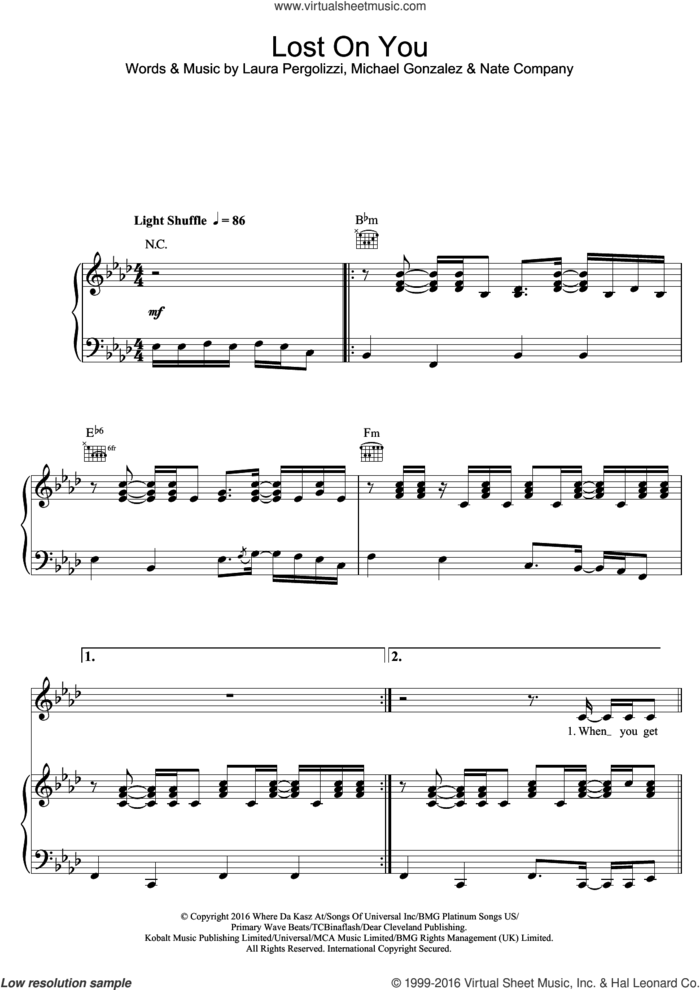 Lost On You sheet music for voice, piano or guitar by LP, Laura Pergolizzi, Michael Gonzalez and Nate Company, intermediate skill level