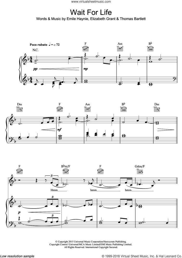 Wait For Life (featuring Lana Del Rey) sheet music for voice, piano or guitar by Emile Haynie, Lana Del Rey, Elizabeth Grant and Thomas Bartlett, intermediate skill level