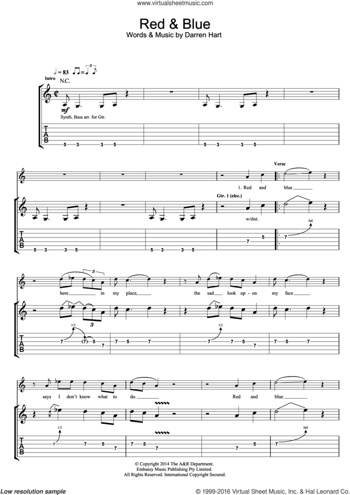 Red And Blue sheet music for guitar (tablature) by Harts and Darren Hart, intermediate skill level